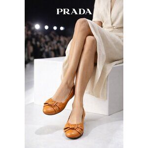 Prada Bow Ballet Flats Orange Leather EU 41 / US 10 Slip On Designer Shoes Italy